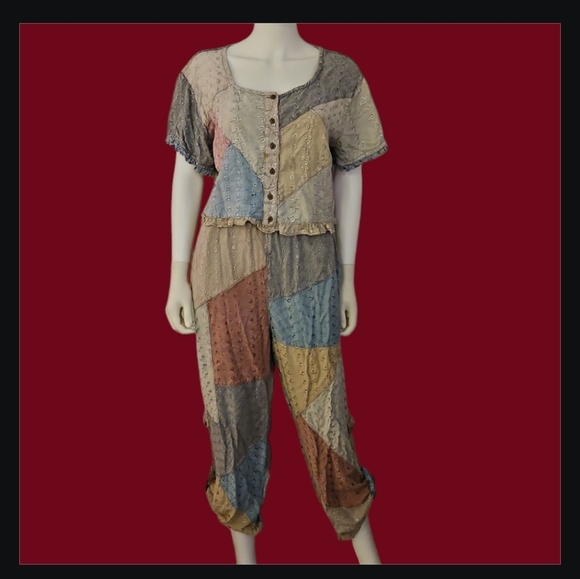 Vtg SACRED THREADS Patchwork Colorblock Embroidered Boho Hippie Pantsuit - Picture 1 of 13